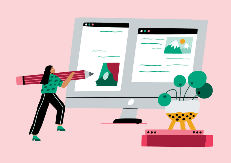 illustration of woman with pencil and computer